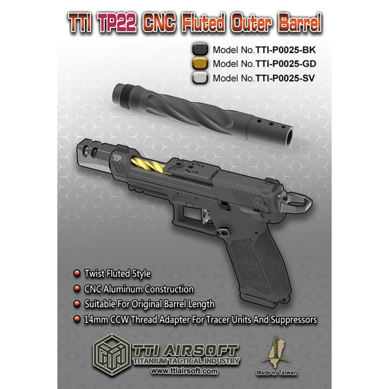 TTI Airsoft CNC Aluminum TP22 Fluted Outer Barrel